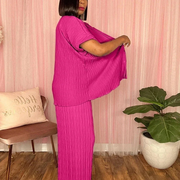 Women Spring Summer Pleated Fabric Short Sleeve Shirt Casual Wide-Leg Pants Set - Picture 3 of 3